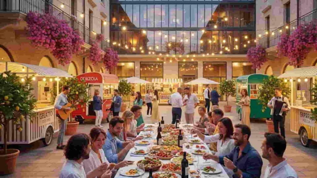 Un gruppo di persone festeggia a un lungo tavolo in una piazza italiana, illuminata da lucine, tra cibo, bevande e sorrisi.