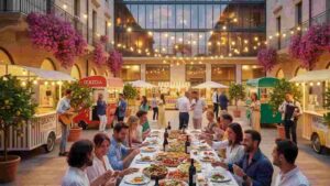 Un gruppo di persone festeggia a un lungo tavolo in una piazza italiana, illuminata da lucine, tra cibo, bevande e sorrisi.